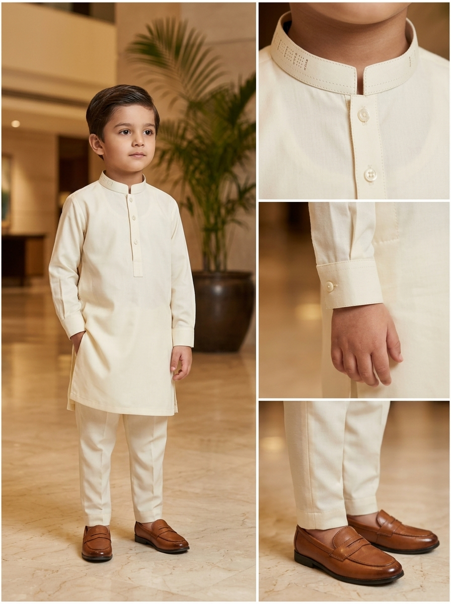 Boy in ivory kurta shalwar with mandarin collar – Riwayat kids ethnic wear