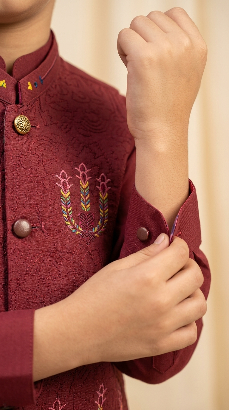 Al Fajar boys maroon waistcoat with all-over tonal scroll embroidery, mandarin collar with multicolour embroidered accents, festive kids ethnic wear.