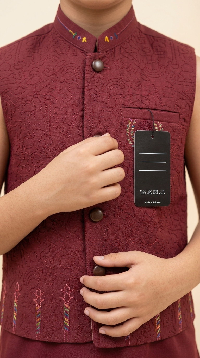 Al Fajar boys maroon waistcoat with all-over tonal scroll embroidery, mandarin collar with multicolour embroidered accents, festive kids ethnic wear.