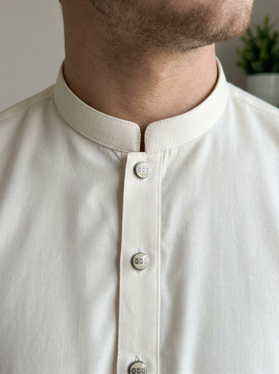 Man wearing ivory kurta shalwar with mandarin collar – Riwayat menswear