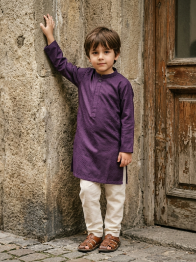 Boys Purple Jacquard Kurta Shalwar Set