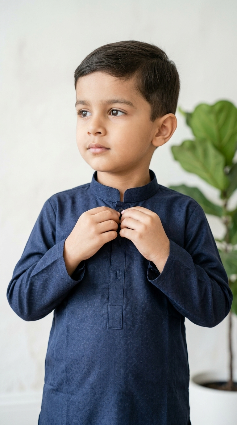 Boys Navy Blue Jacquard Kurta Shalwar Set - Image 3