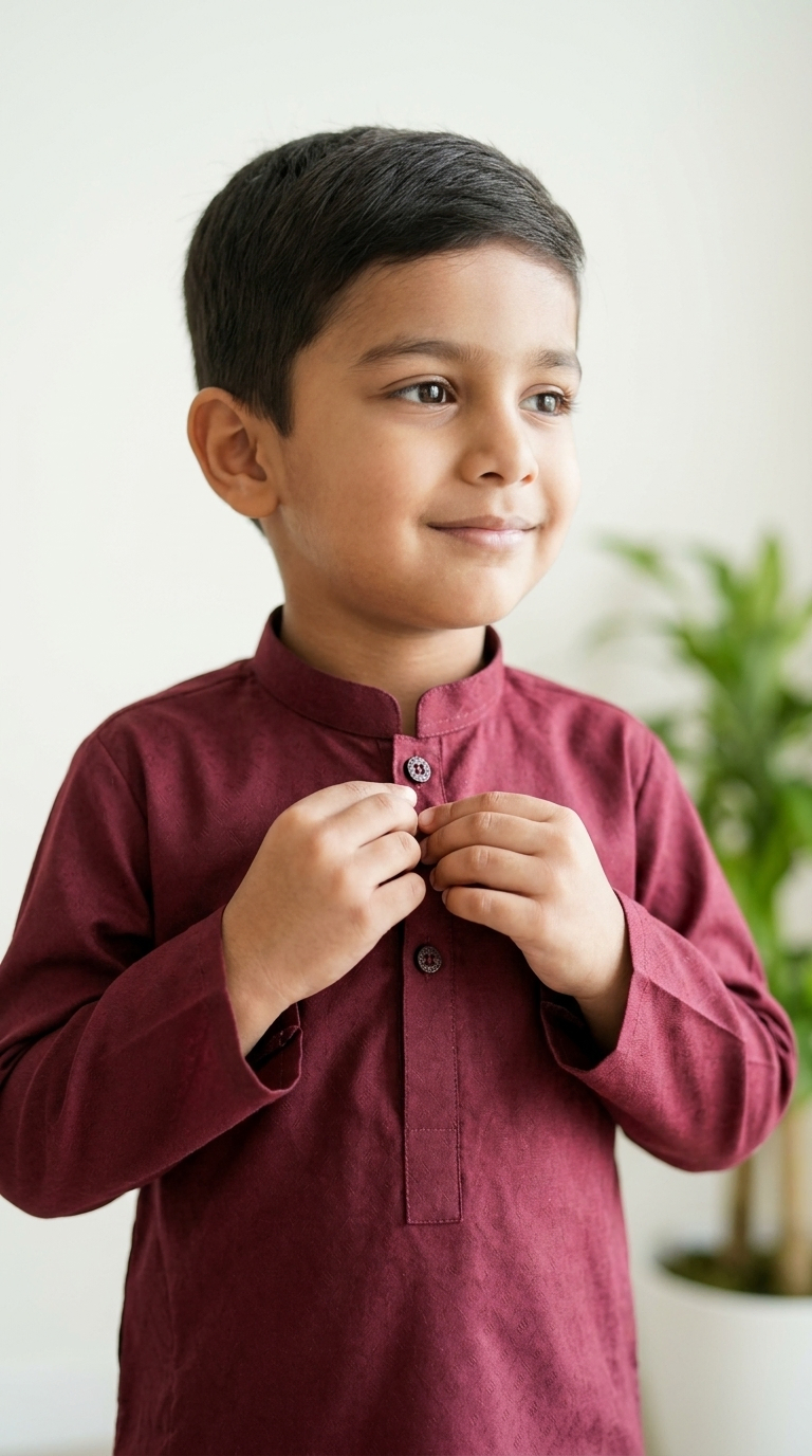 Boys Maroon Jacquard Kurta Shalwar Set - Image 2