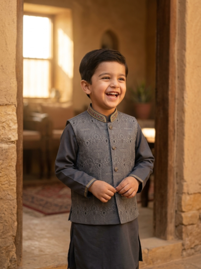 Al Fajar boys grey embroidered waistcoat with matching kurta shalwar, mandarin collar with tone-on-tone paisley embroidery, festive kids ethnic wear.