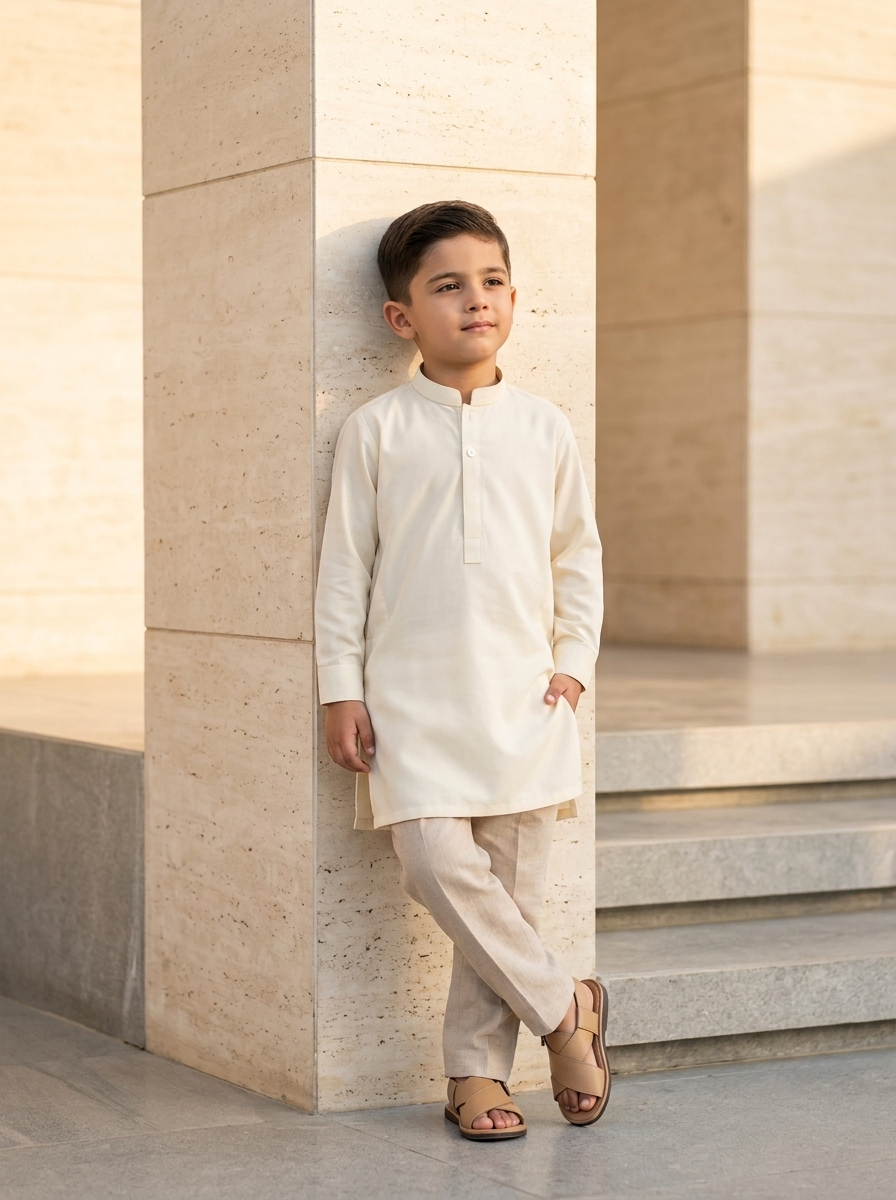 Boy in ivory kurta shalwar with mandarin collar – Riwayat kids ethnic wear