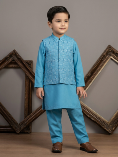 Al Fajar boys turquoise kurta shalwar set with matching embroidered waistcoat, tone-on-tone paisley pattern, festive kids ethnic wear.