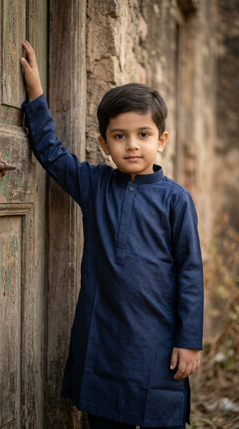 Boy in a navy blue jacquard kurta shalwar set, one hand resting on a rustic wooden door, standing against a textured stone wall background
