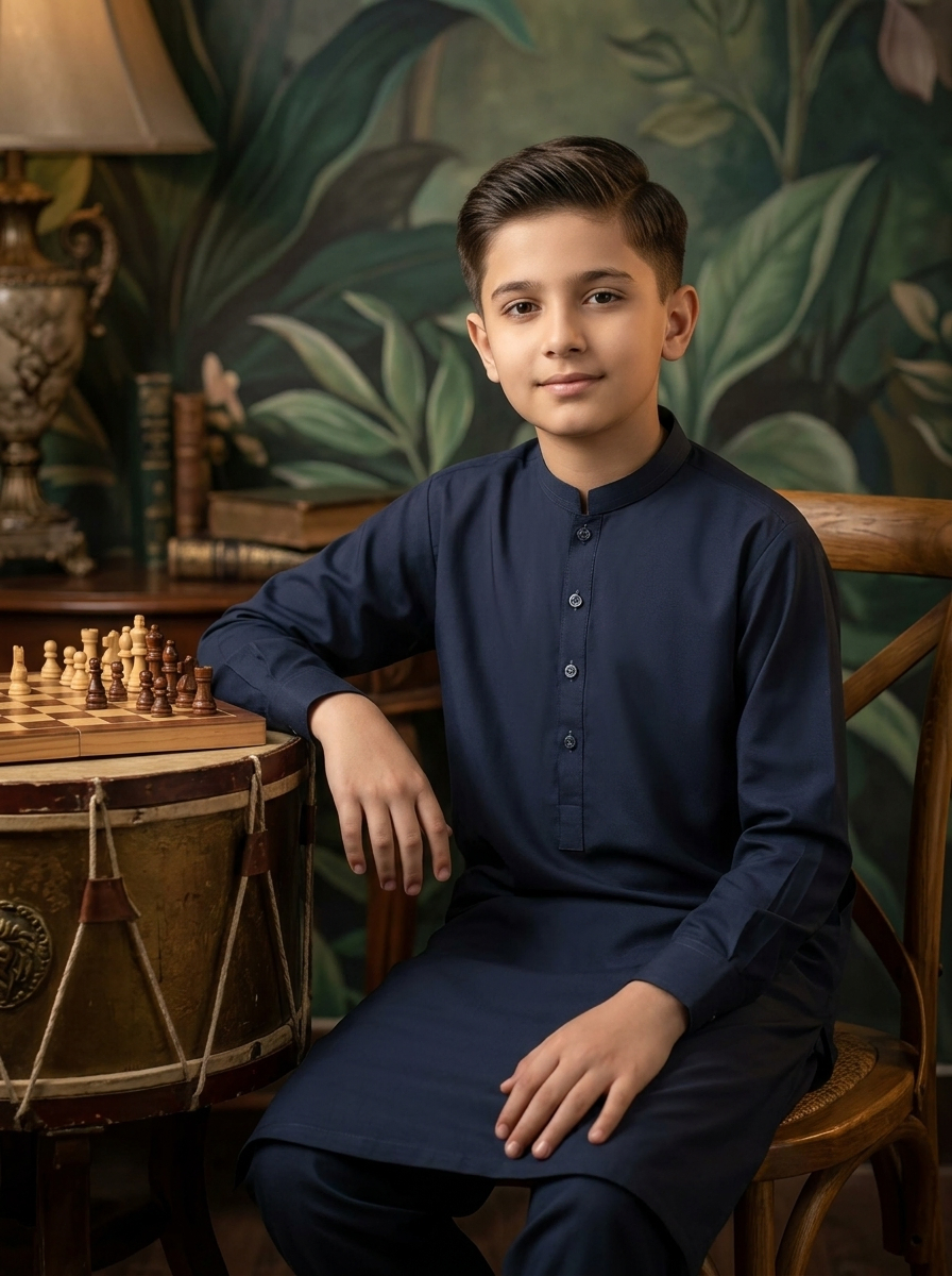 Boys Navy Blue Jacquard Kurta Shalwar Set - Image 2