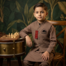 Al Fajar boys brown quilted waistcoat with textured dot weave and embroidered mandarin collar, paired with matching kurta shalwar, formal kids ethnic wear.