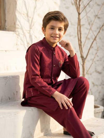 Al Fajar boys maroon waistcoat with all-over tonal scroll embroidery, mandarin collar with multicolour embroidered accents, festive kids ethnic wear.