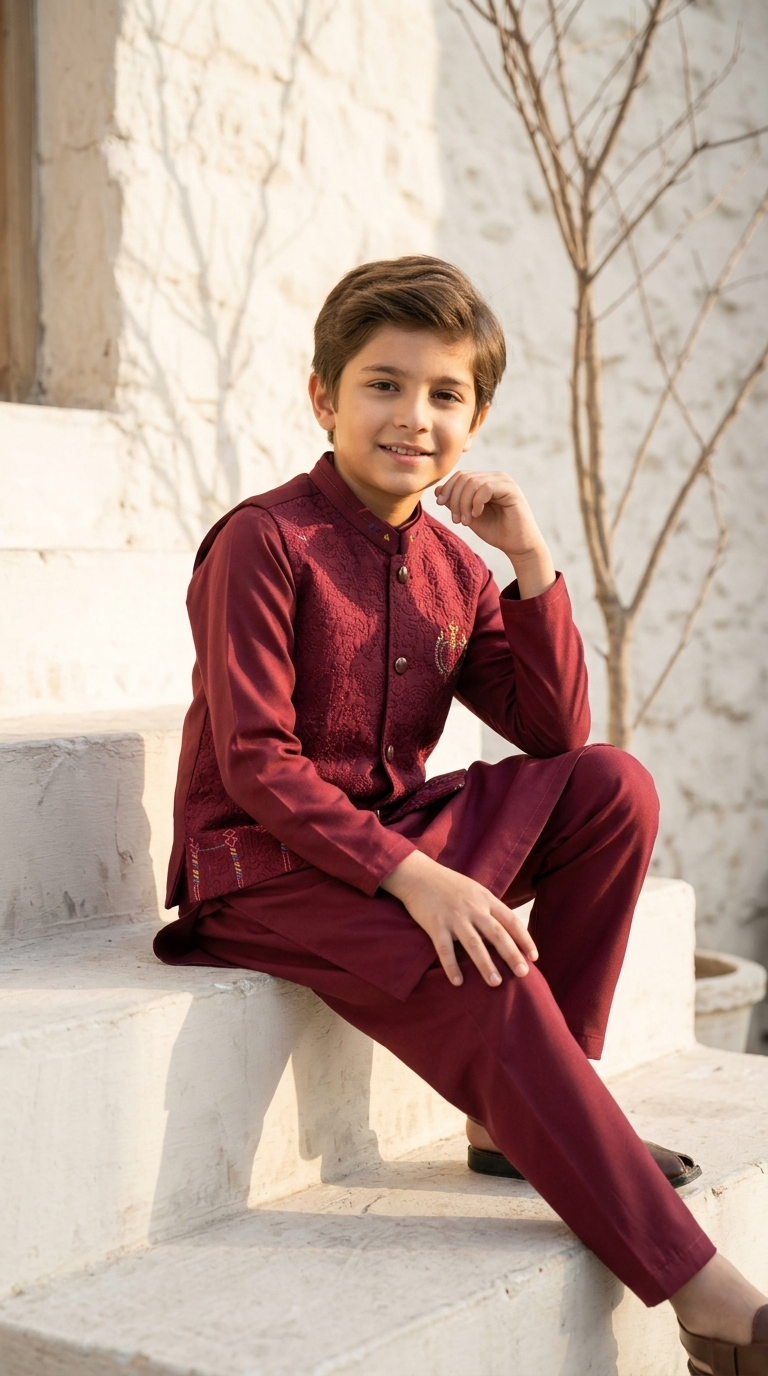 Al Fajar boys maroon waistcoat with all-over tonal scroll embroidery, mandarin collar with multicolour embroidered accents, festive kids ethnic wear.