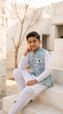 Al Fajar boys white kurta shalwar with sky blue tie-dye print waistcoat, embroidered collar and matching pocket square, festive kids ethnic wear.