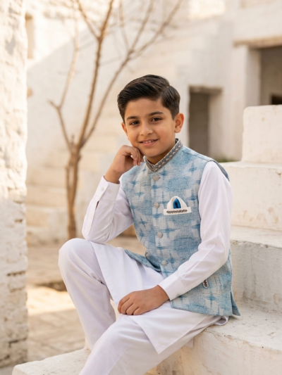 Al Fajar boys white kurta shalwar with sky blue tie-dye print waistcoat, embroidered collar and matching pocket square, festive kids ethnic wear.