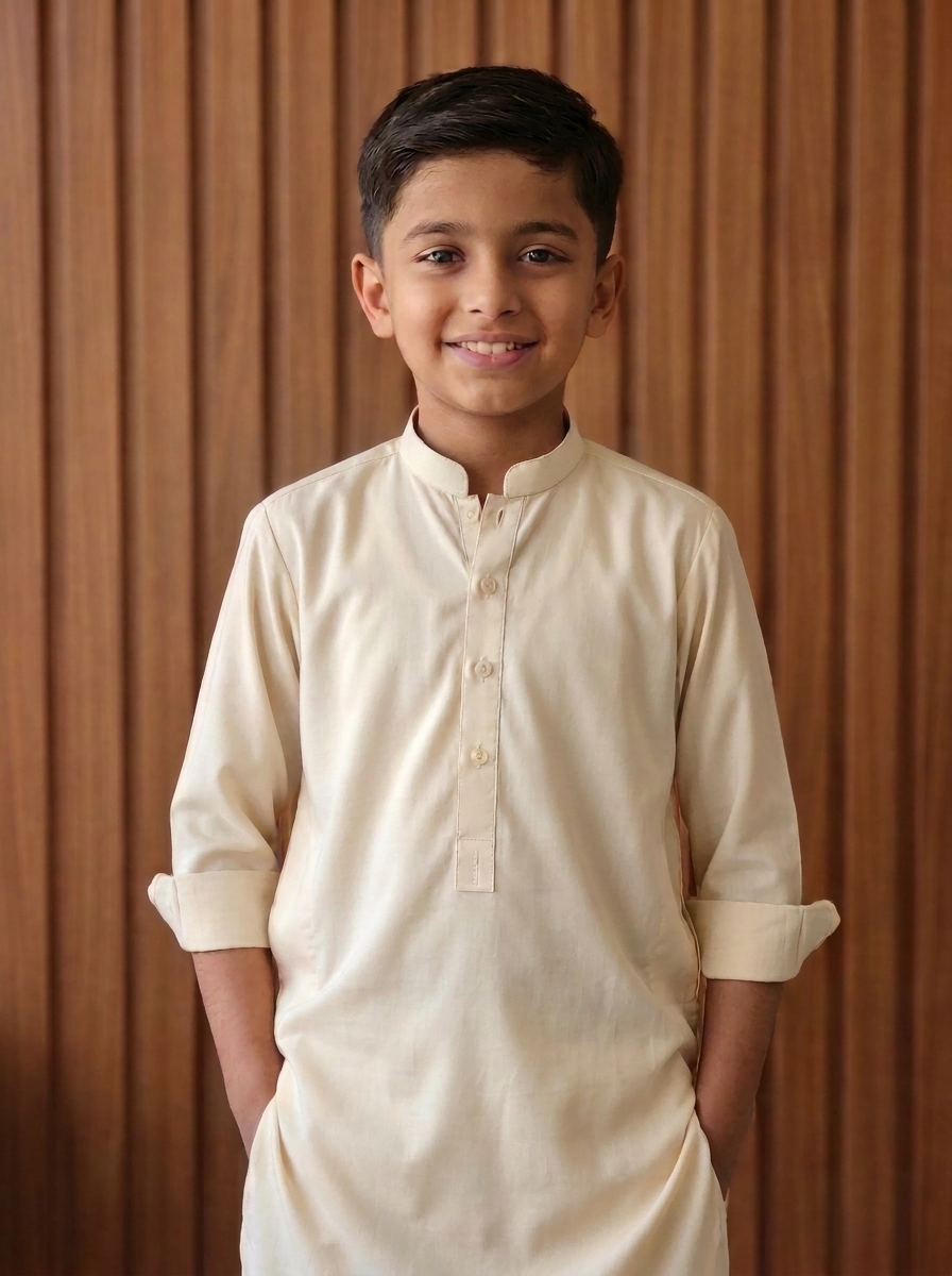 Boy in ivory kurta shalwar with mandarin collar – Riwayat kids ethnic wear