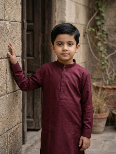 Boys Maroon Jacquard Kurta Shalwar Set