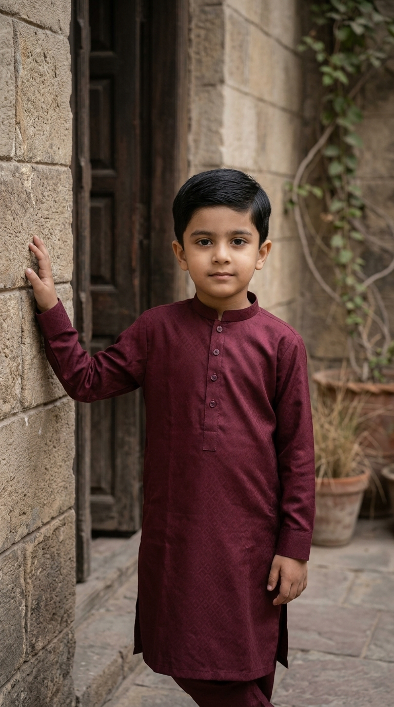 Boys Maroon Jacquard Kurta Shalwar Set