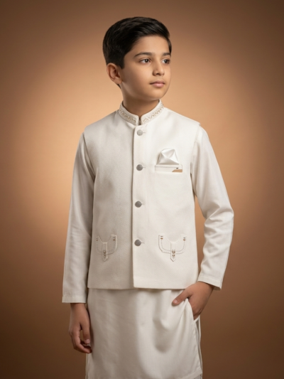 Al Fajar Boys Off-White Textured Waistcoat with Kurta Shalwar Set