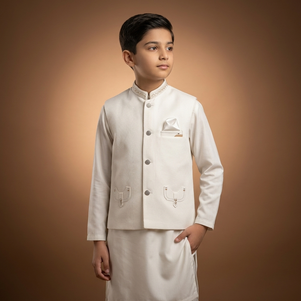 Al Fajar Boys Off-White Textured Waistcoat with Kurta Shalwar Set