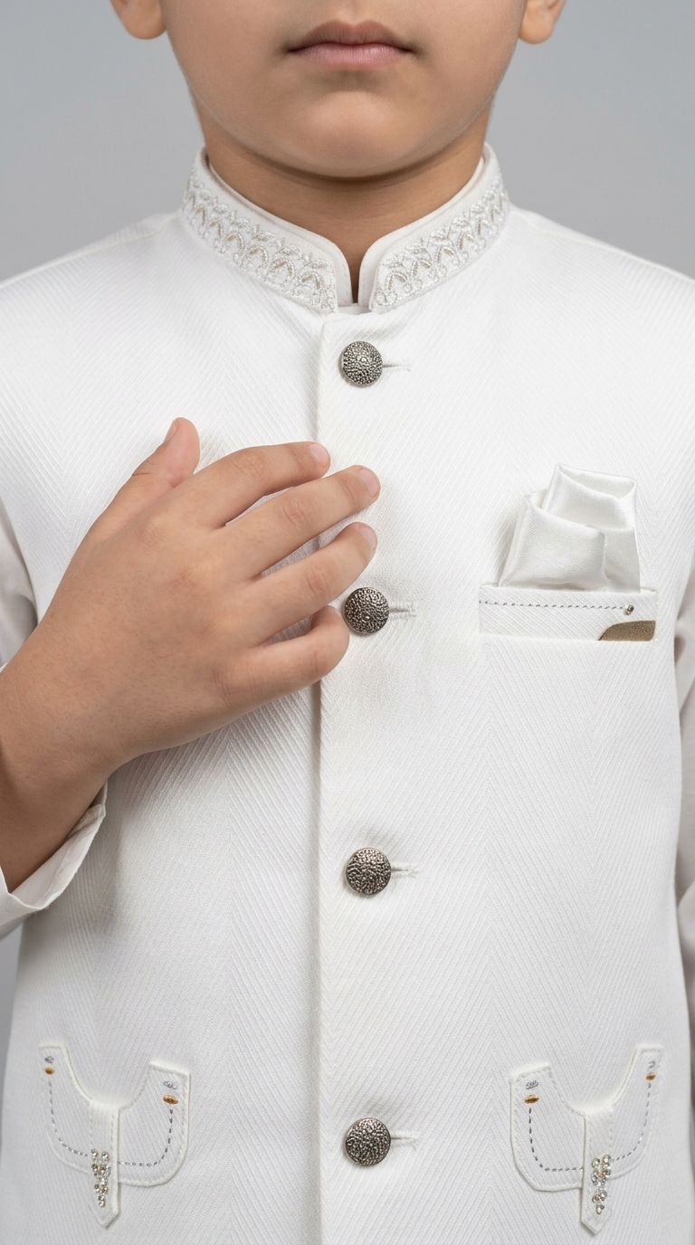 Al Fajar Boys Off-White Textured Waistcoat with Kurta Shalwar Set - Image 3