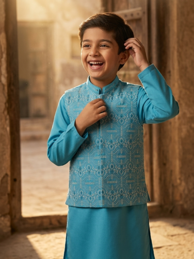 Al Fajar boys turquoise kurta shalwar set with matching embroidered waistcoat, tone-on-tone paisley pattern, festive kids ethnic wear.
