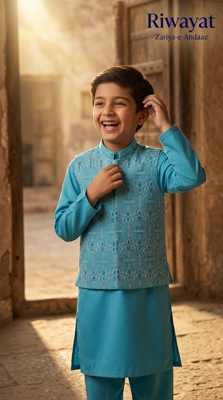 Al Fajar boys turquoise kurta shalwar set with matching embroidered waistcoat, tone-on-tone paisley pattern, festive kids ethnic wear.