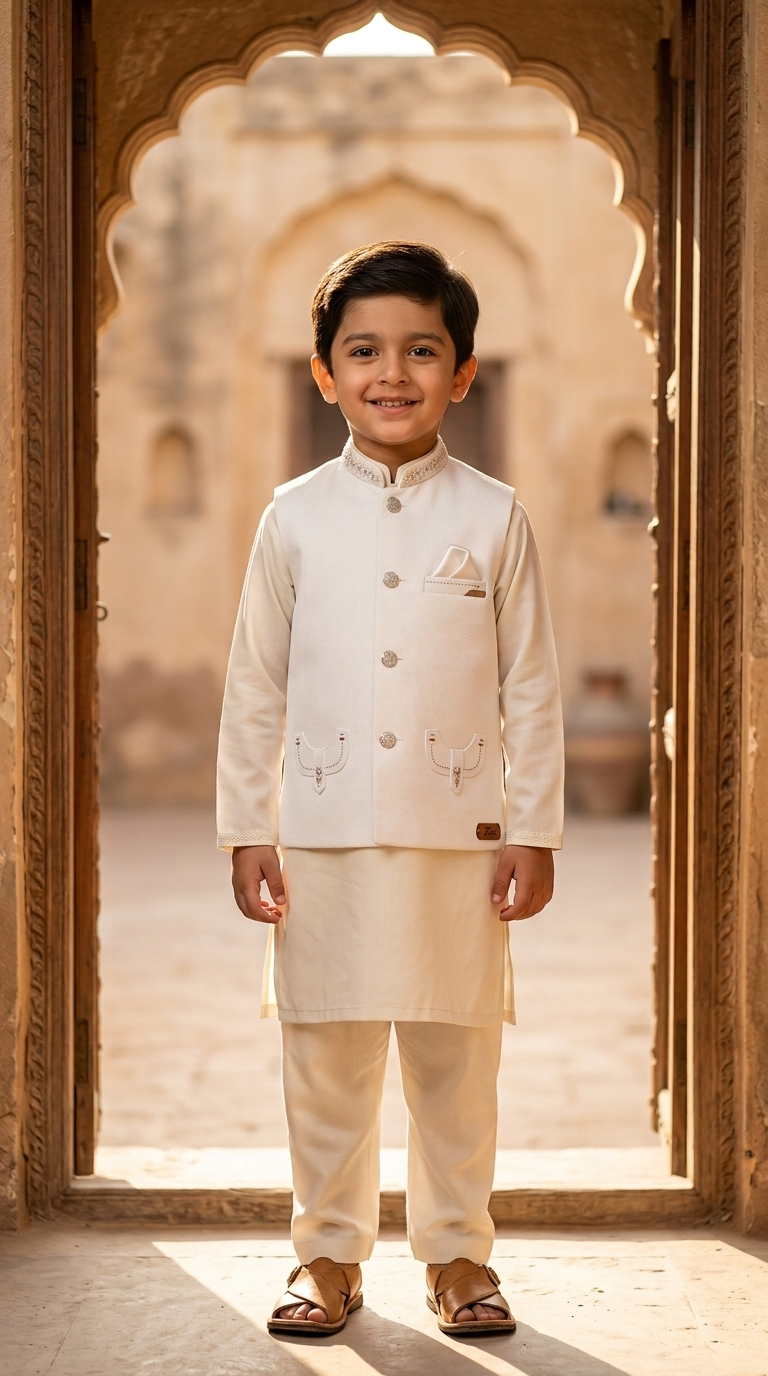 Al Fajar Boys Off-White Textured Waistcoat with Kurta Shalwar Set - Image 4