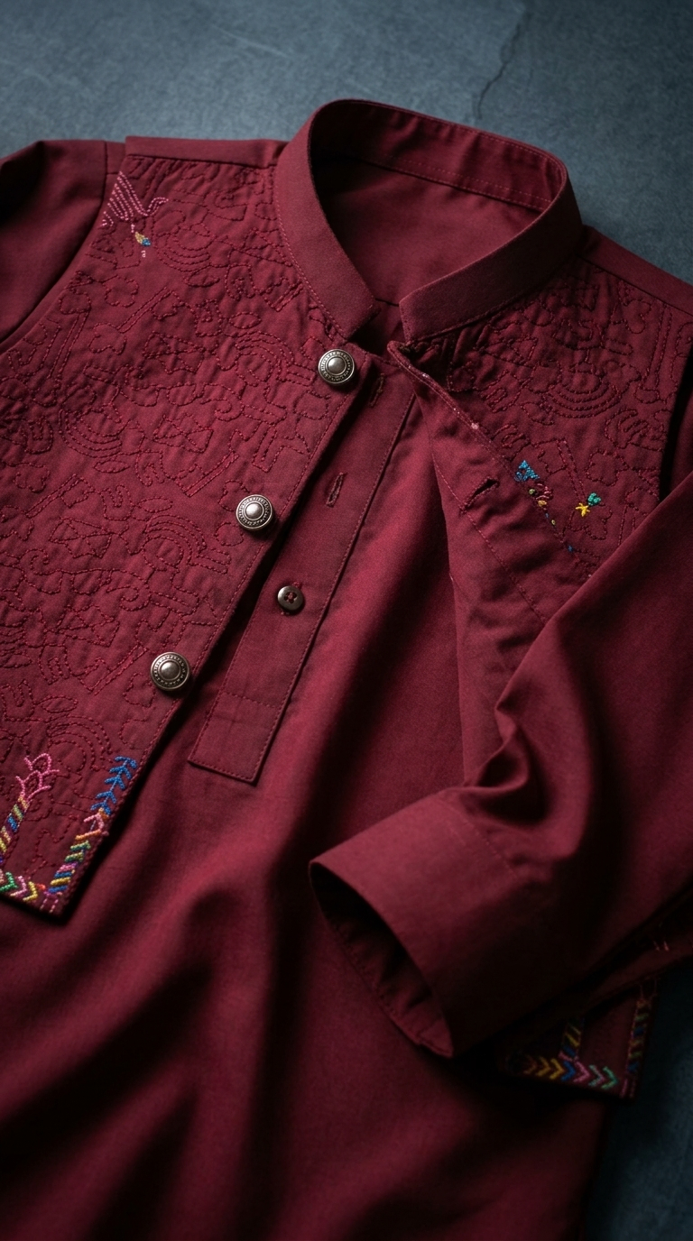 Al Fajar boys maroon waistcoat with all-over tonal scroll embroidery, mandarin collar with multicolour embroidered accents, festive kids ethnic wear.