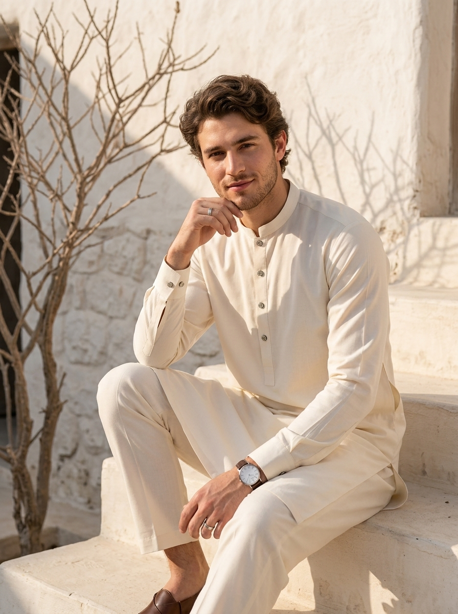 Man wearing ivory kurta shalwar with mandarin collar – Riwayat menswear