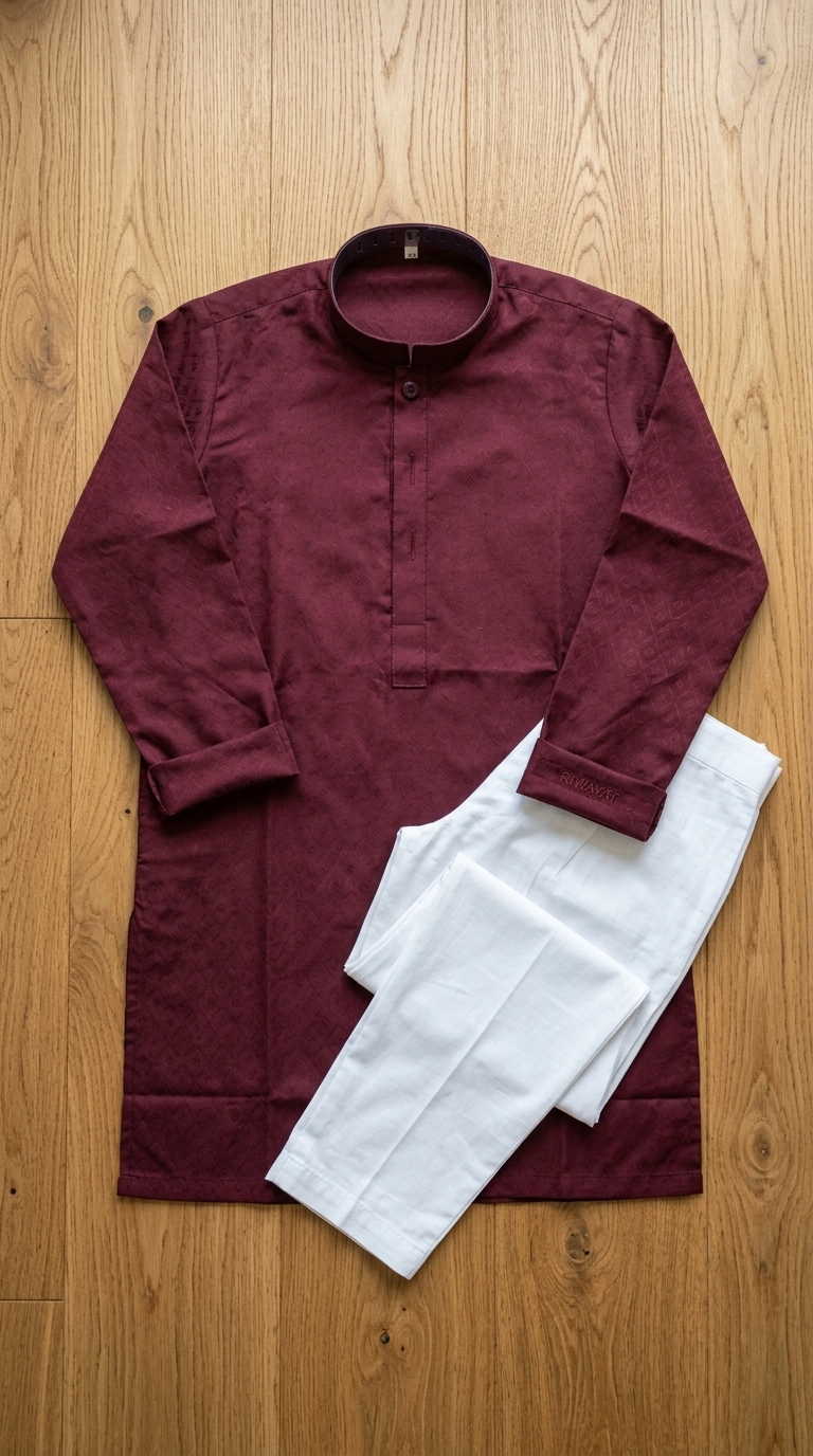 Boys Maroon Jacquard Kurta Shalwar Set - Image 3
