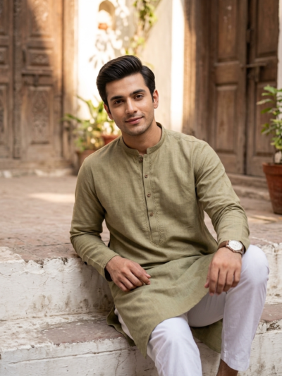 Man in olive green kurta with white shalwar – Riwayat men's ethnic wear