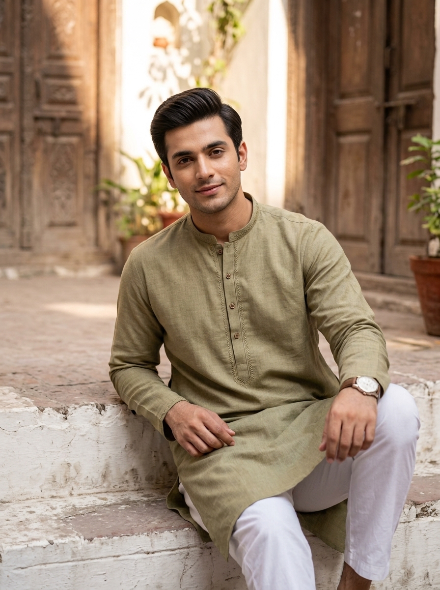 Man in olive green kurta with white shalwar – Riwayat men's ethnic wear