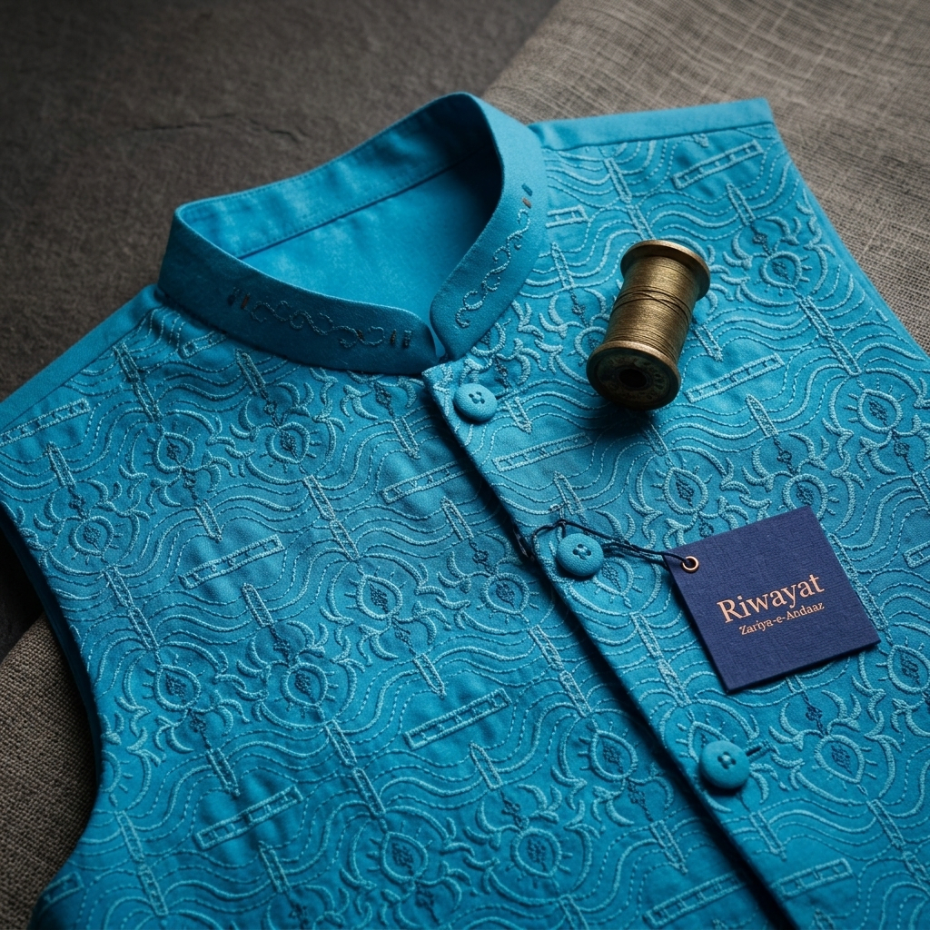 Al Fajar boys turquoise kurta shalwar set with matching embroidered waistcoat, tone-on-tone paisley pattern, festive kids ethnic wear.